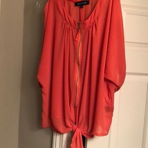 Women’s coral cold-shoulder zip front blouse
